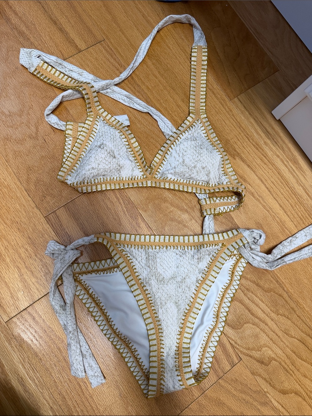 Cream Crochet Bikini with Gold Trim